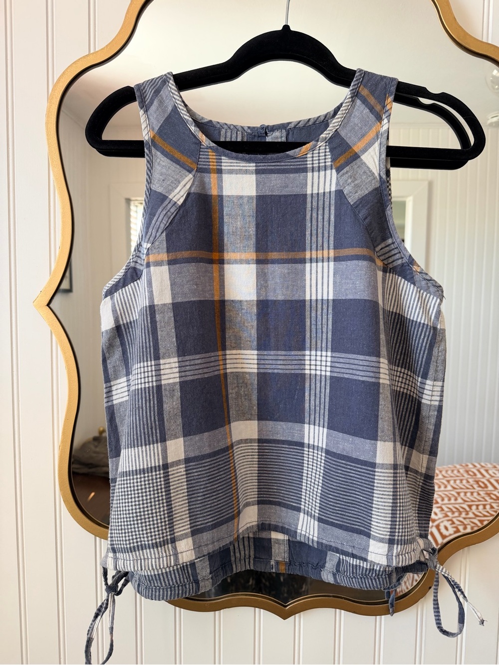 REI Blue White Plaid Tank Top with Mustard Accents